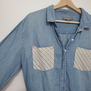 Alexander Jordan Large denim Button Blue Shirt Artsy White Pockets Longsleeve